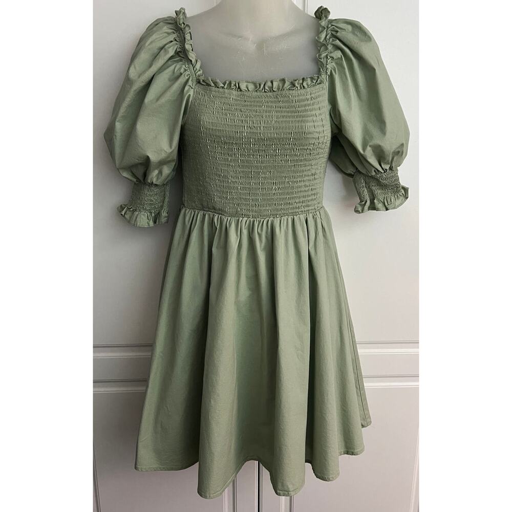 Altar'd State Smocked Mini Dress with Puff Sleeve Sage Green Size M